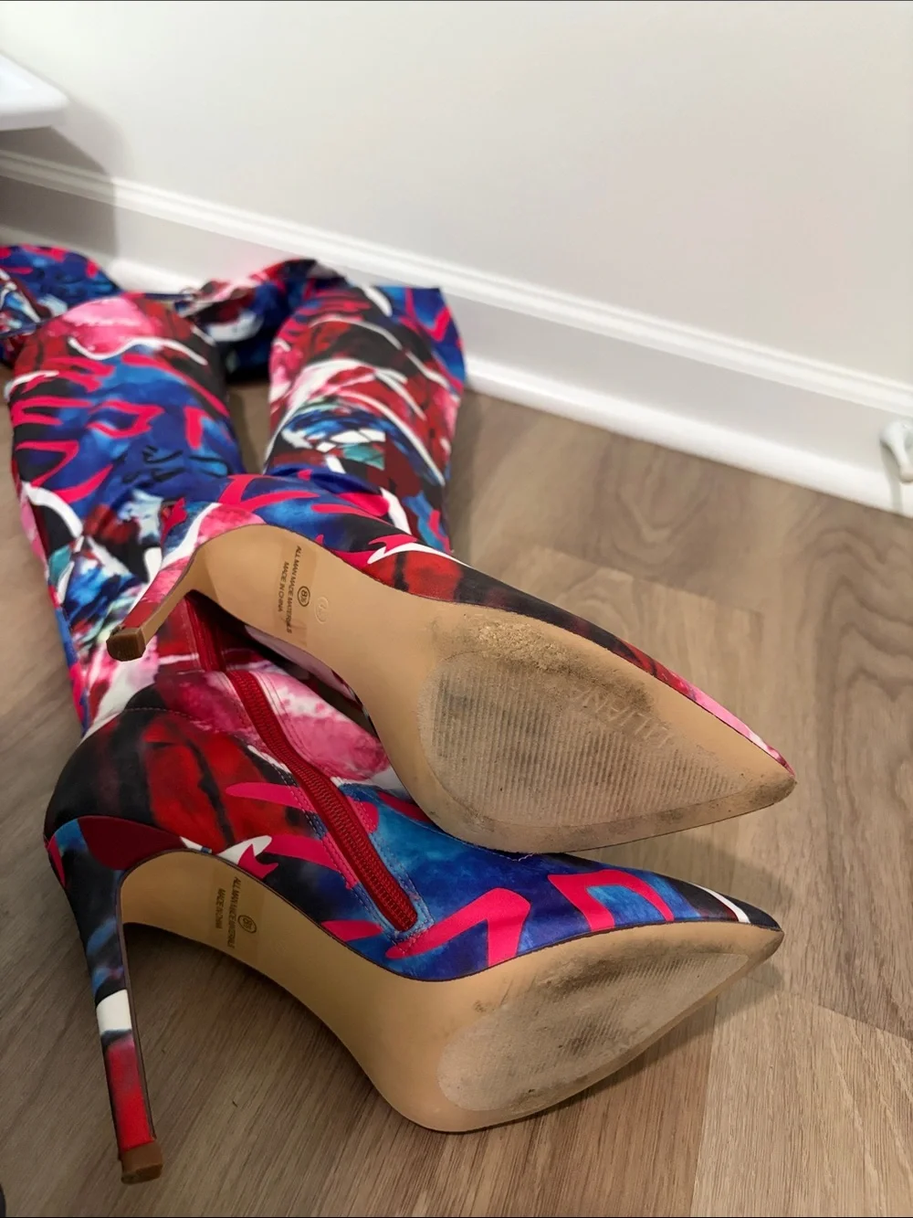 Women's Multicolor Over-the-Knee Stiletto Boots - Pink Blue Abstract